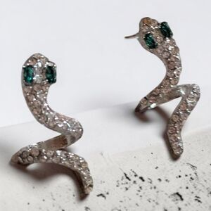 Silver Tone Snake Wrap Stud Earrings Green Rhinestone Eyes Goth Witchy Jewelry